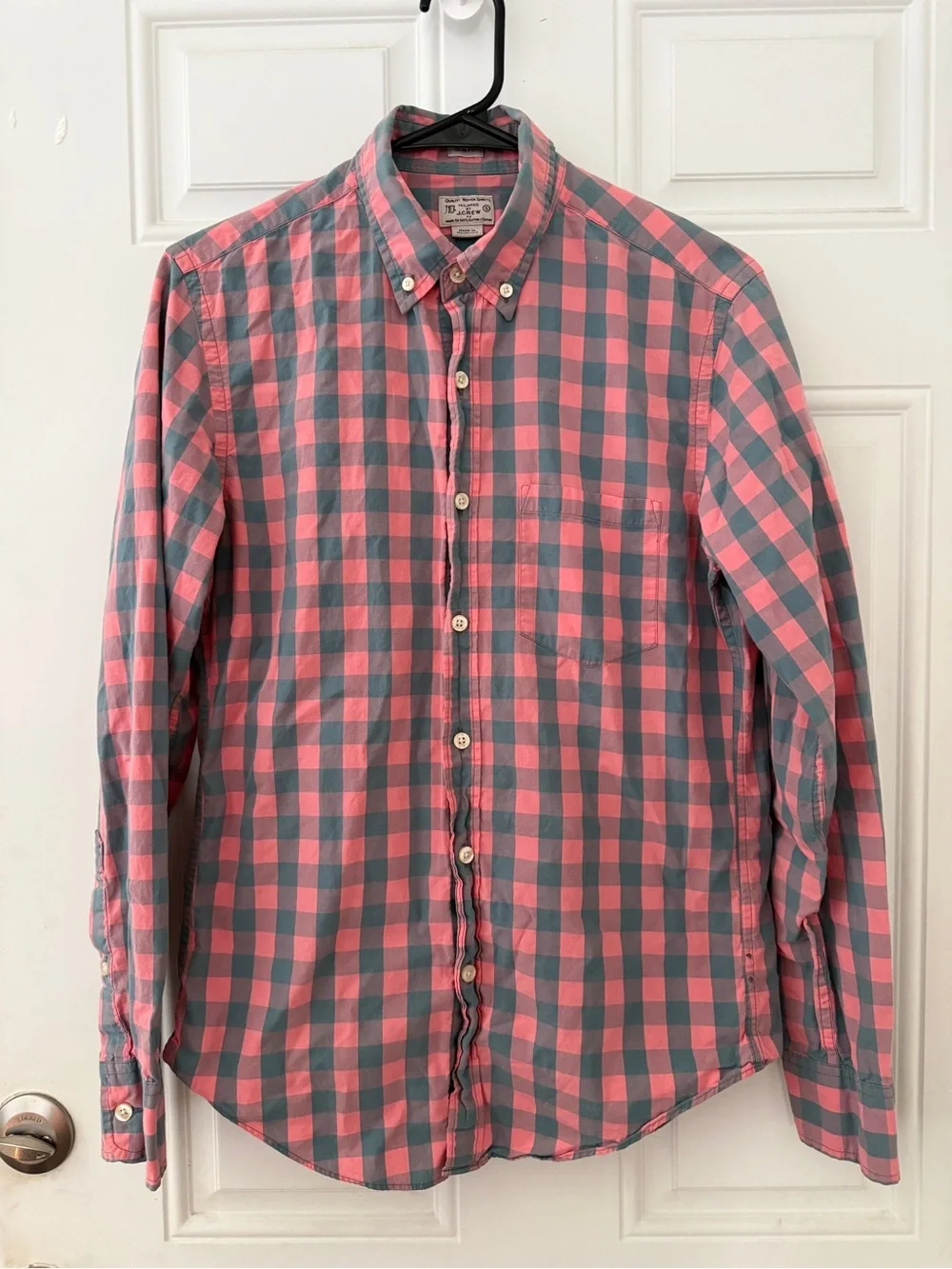 J. Crew Tailored Slim Fit Coral Pink and Blue Plaid Button-Down Shirt